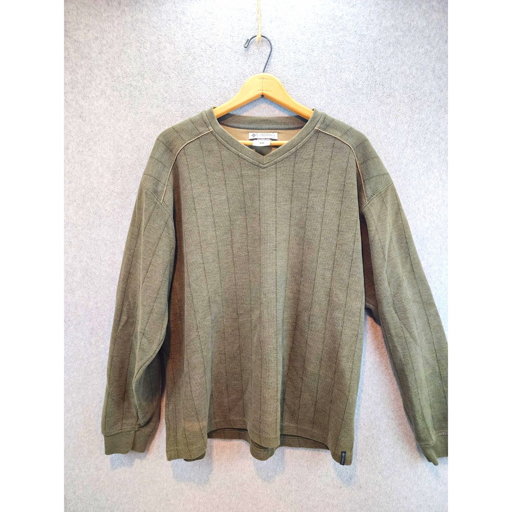 Columbia Green Knit V-Neck Pullover Sweater Logo Long Sleeve Mens L
